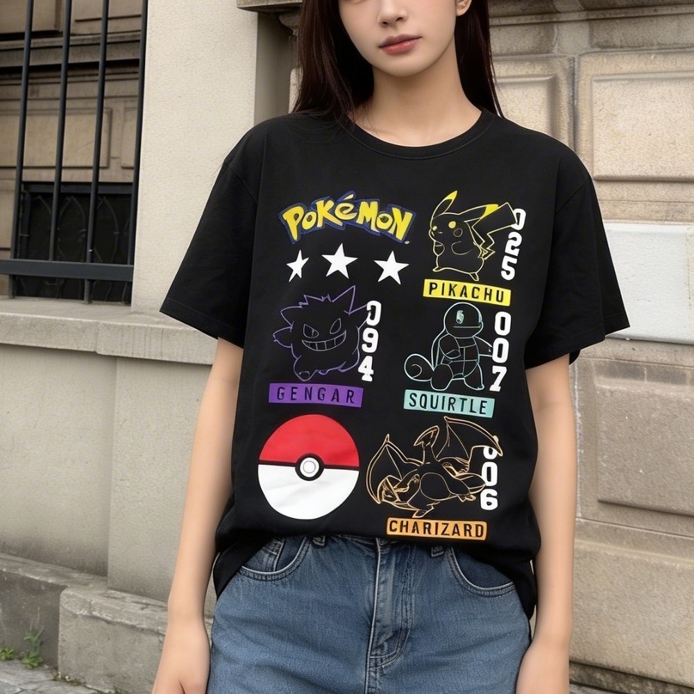 Pokémon Graphic T-Shirt Size L Pikachu Gengar Charizard Squirtle Black Anime Tee